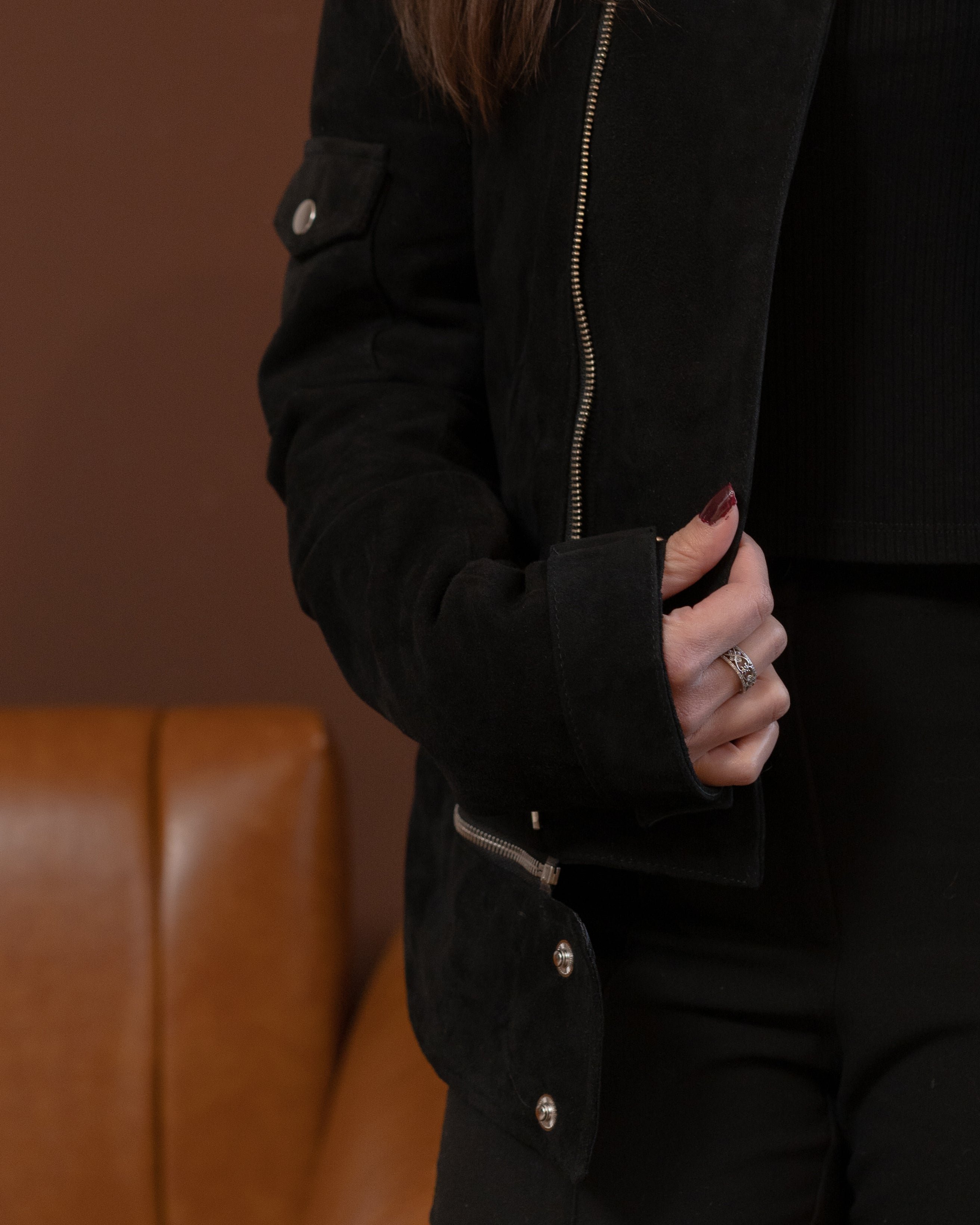Crew Neck Leather Jacket